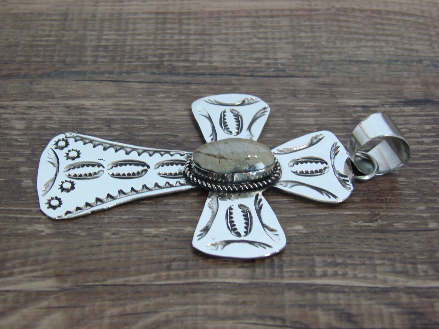 Large Native American Nickel Silver & Turquoise Cross Pendant - Cleveland