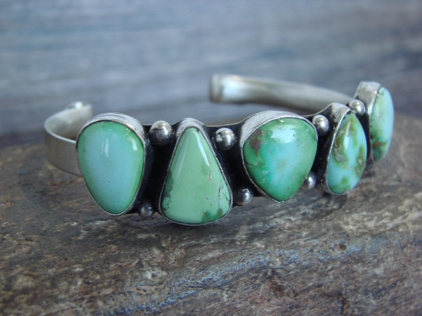 Native American Sterling Silver & Sonoran Turquoise Row Bracelet by Morgan