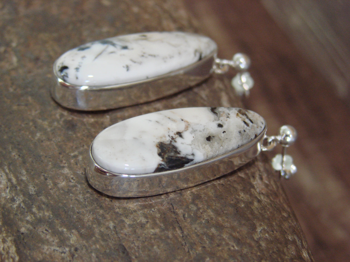 Navajo Sterling Silver & White Buffalo Turquoise Post Dangle Earrings by A