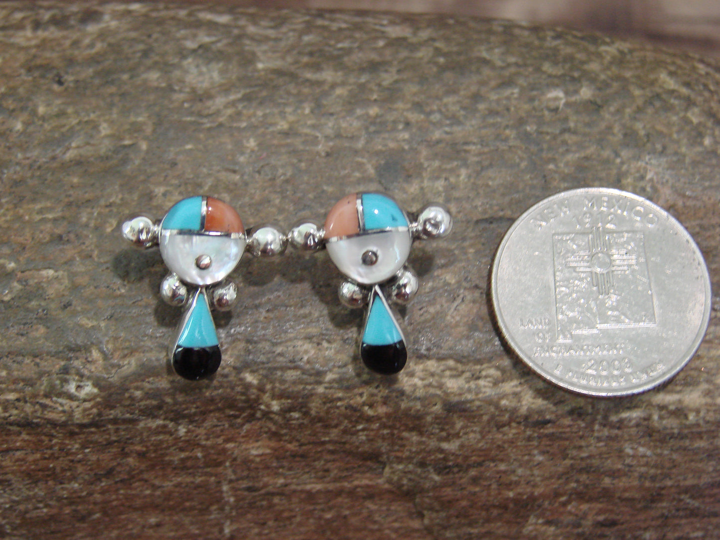 Native American Sterling Silver & Multi Stone Sunface Post Earrings by Siutza