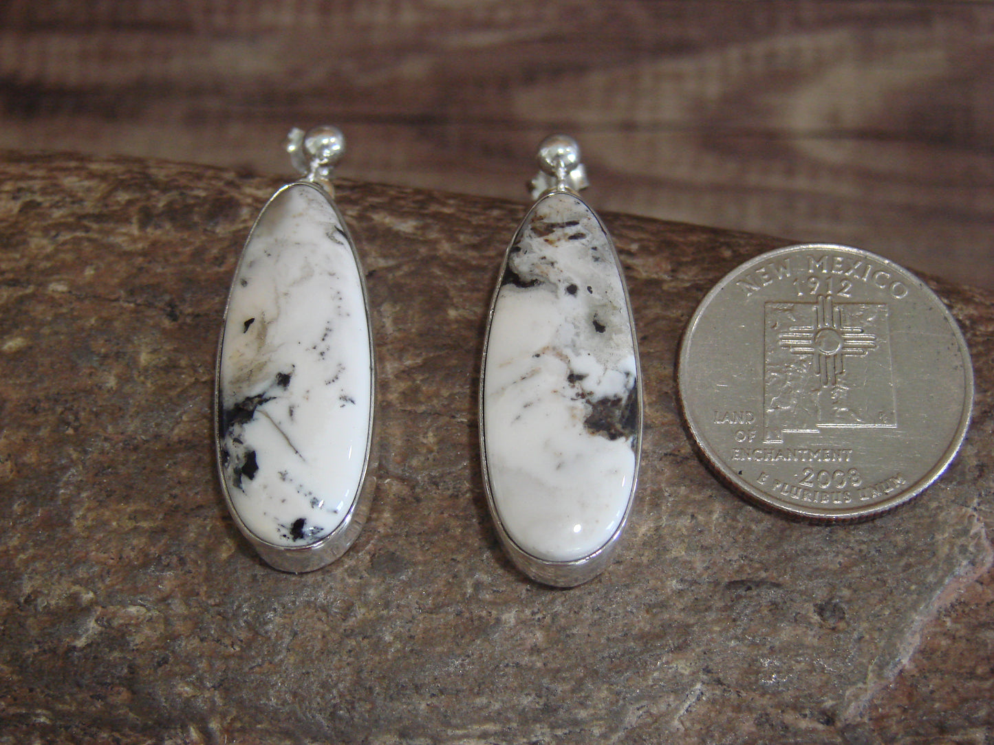 Navajo Sterling Silver & White Buffalo Turquoise Post Dangle Earrings by A