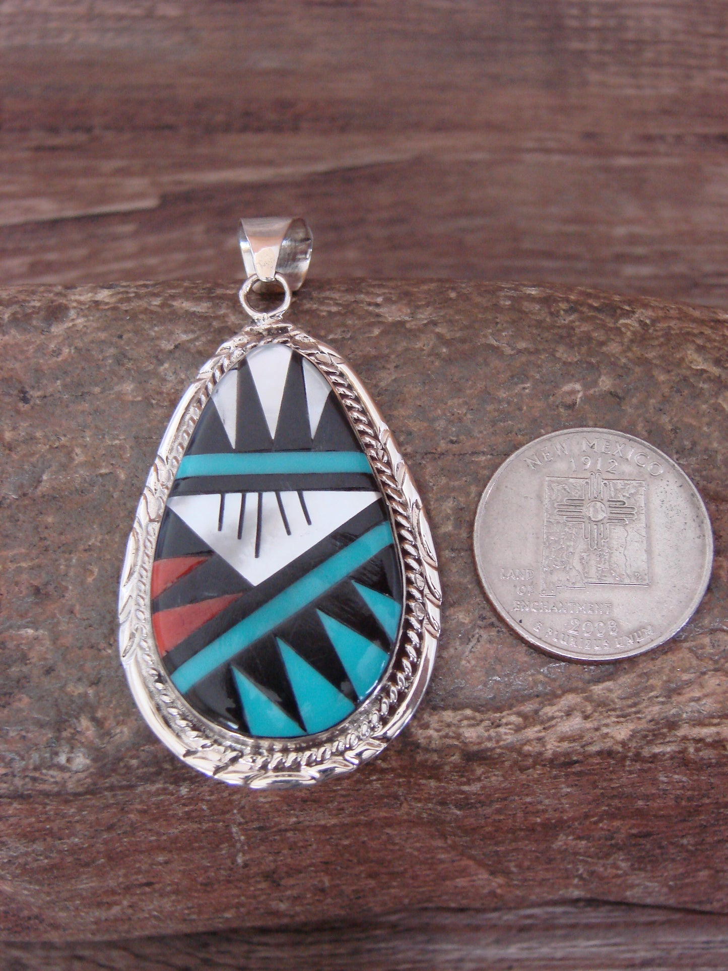 Native American Sterling Silver Multi Stone Inlay Pendant by Lamy