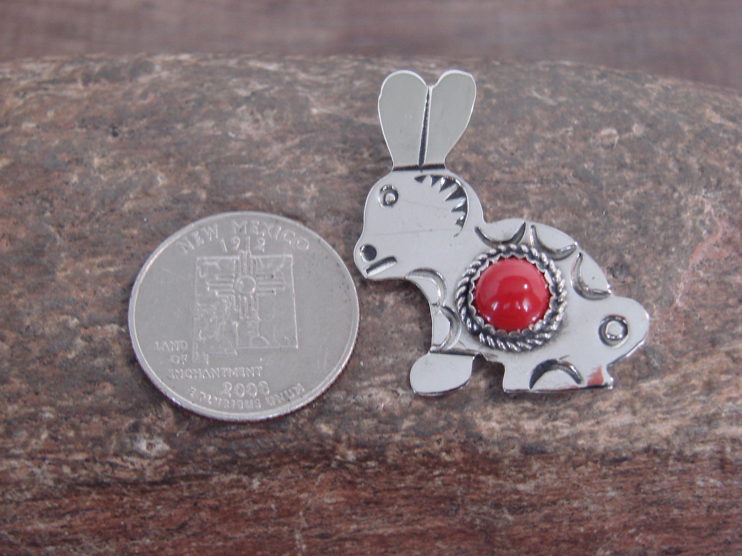 Native American Nickel Silver & Coral Rabbit Pin - Cleveland