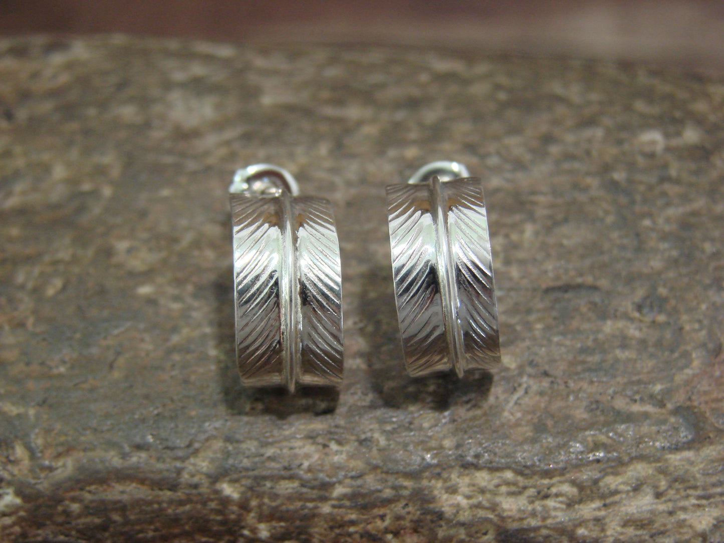 Native American Sterling Silver Feather Hoop Post Earrings Signed Davis