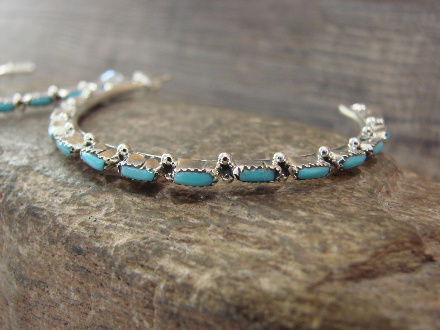 Native American Indian Sterling Silver & Turquoise 2" Hoop Earrings - Hughte