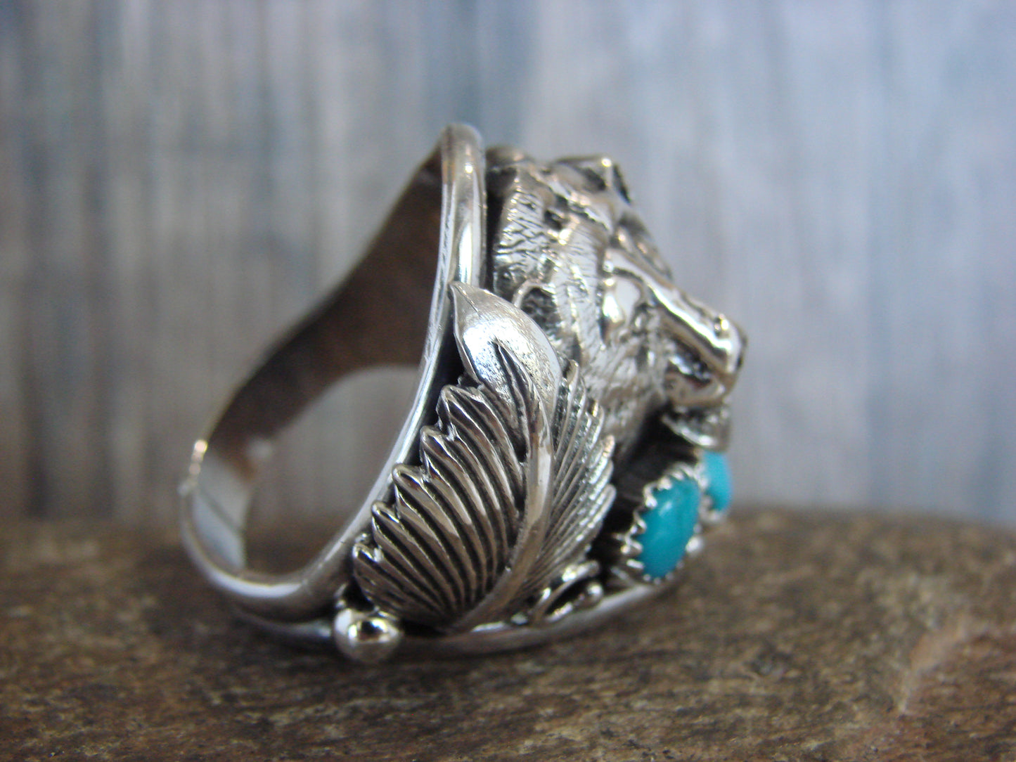Native American Sterling Silver Turquoise Growling Bear Ring - Morgan - Size 12