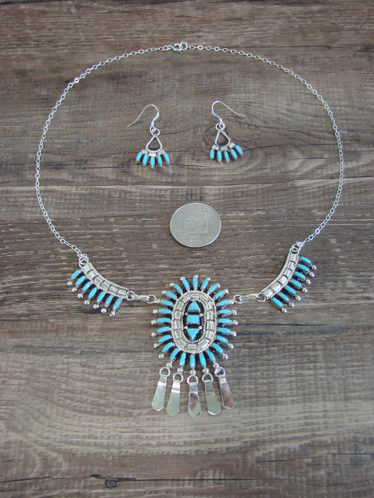 Native American 19" Sterling Silver & Turquoise Cluster Necklace Set by Hustito