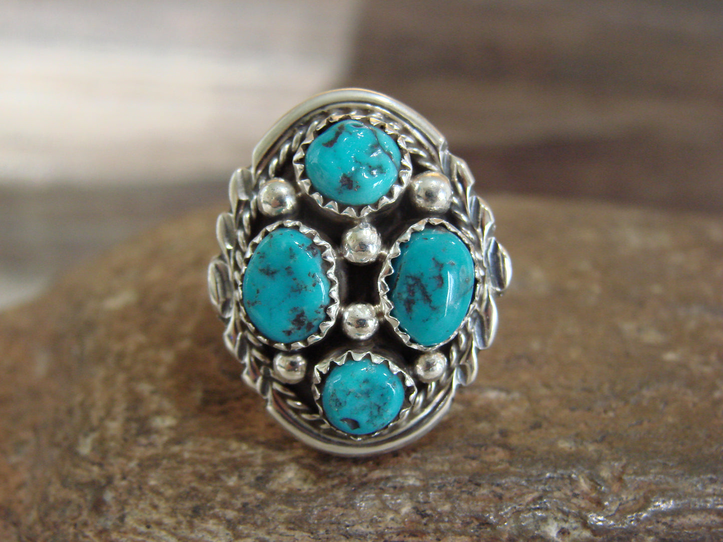 Native American Sterling Silver Turquoise Cluster Ring - Chee - Size 6.5