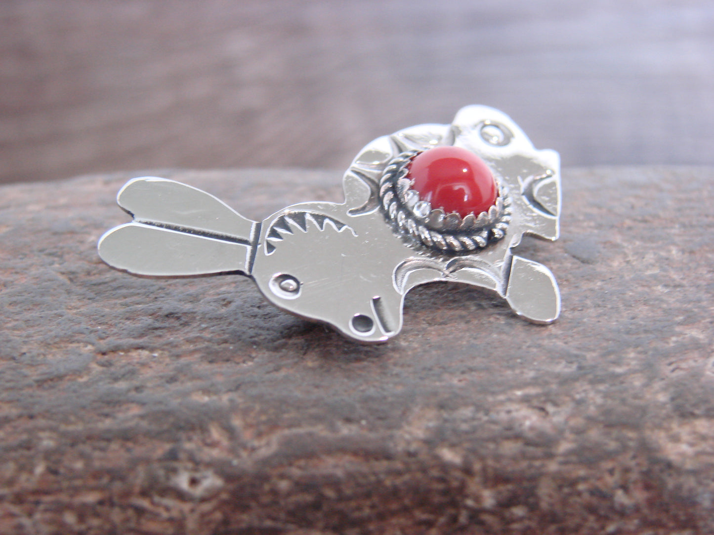 Native American Nickel Silver & Coral Rabbit Pin - Cleveland