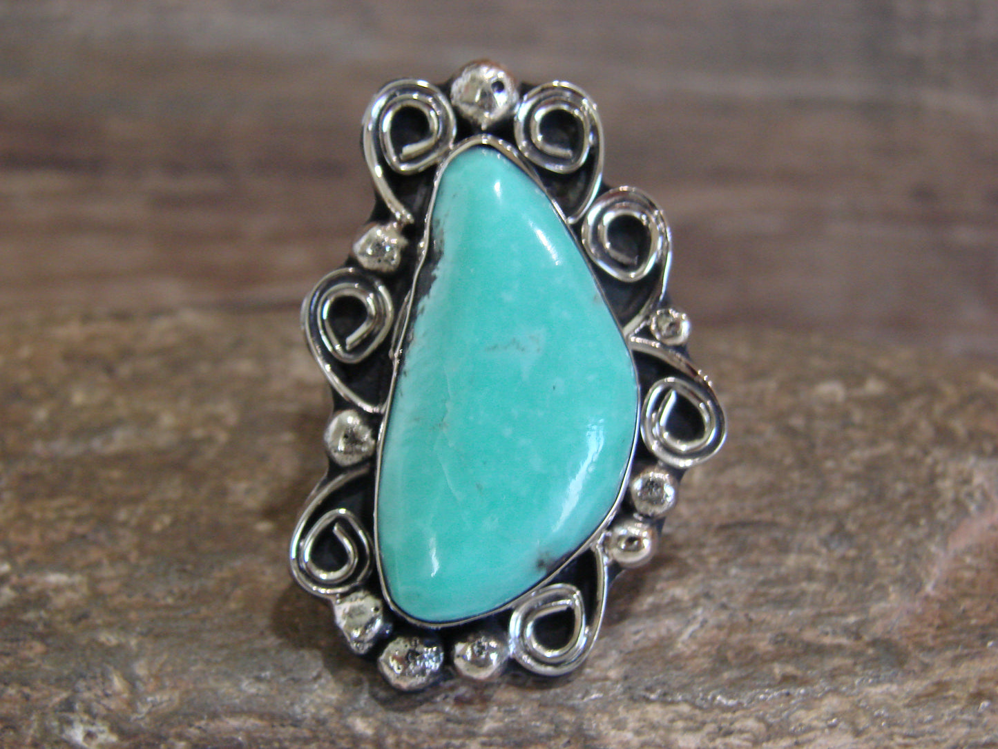 Native American Nickel Silver & Turquoise Ring by Cleveland - Size 10.5