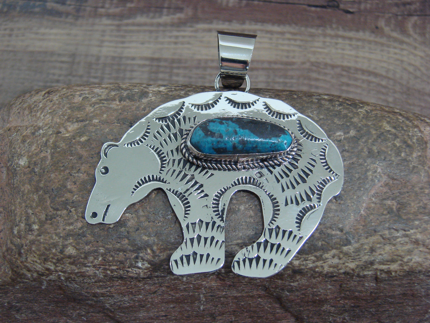 Native American Nickel Silver & Turquoise Bear Pendant - Cleveland