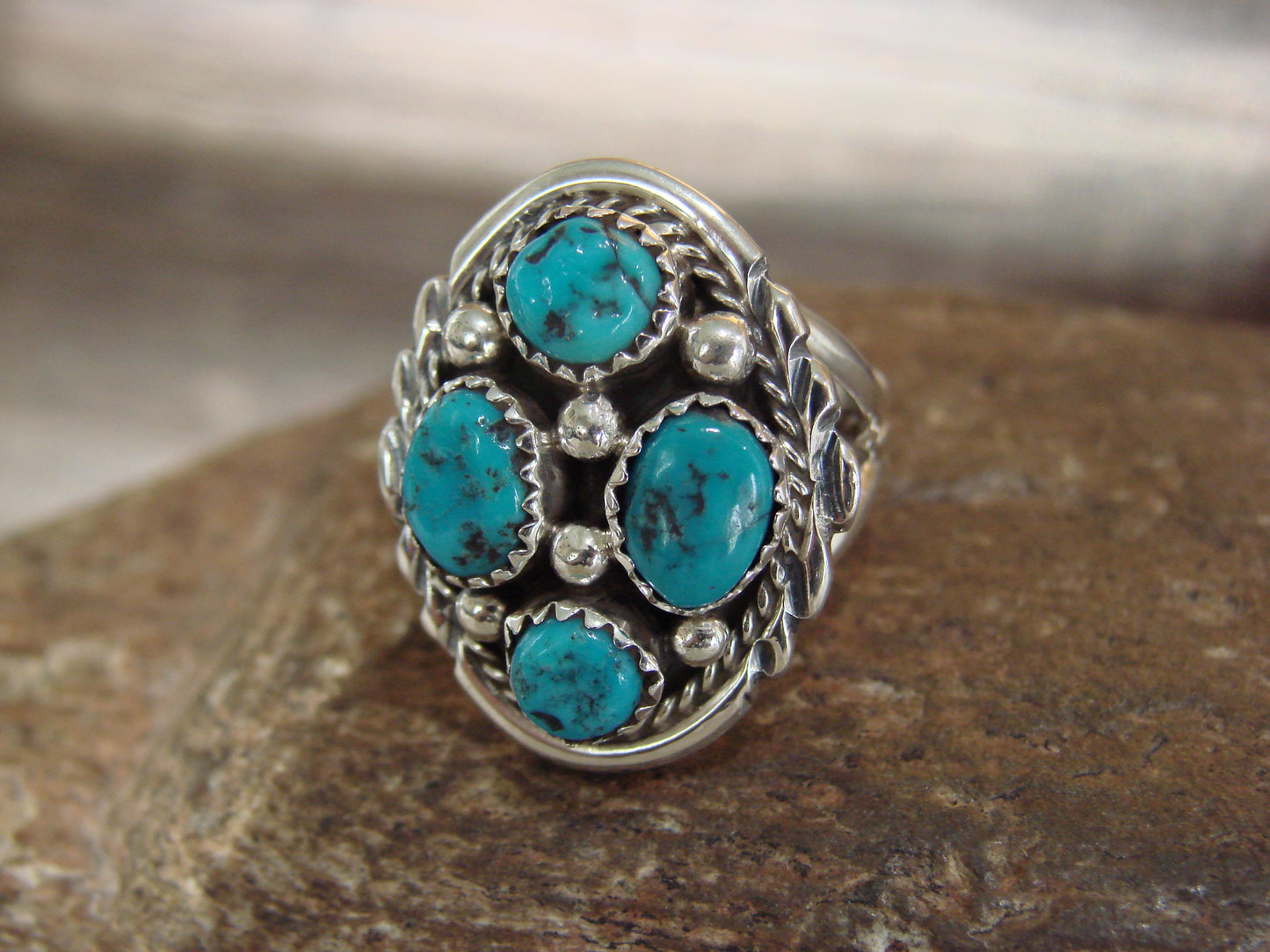 Native American Sterling Silver Turquoise Cluster Ring - Chee - Size 6.5