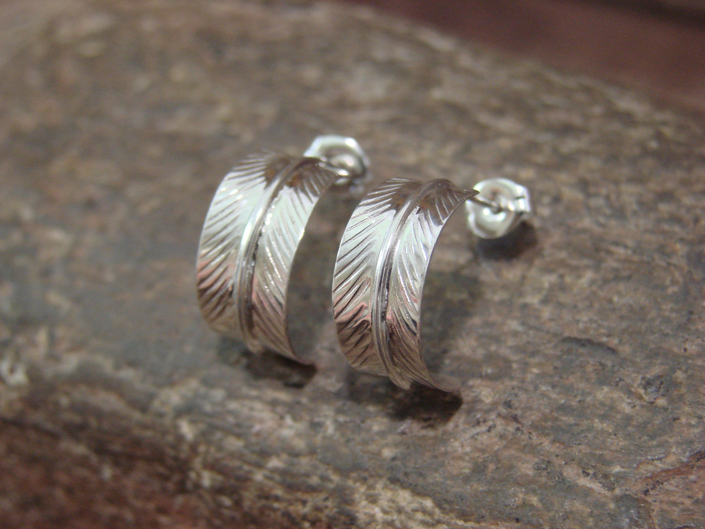 Native American Sterling Silver Feather Hoop Post Earrings Signed Davis