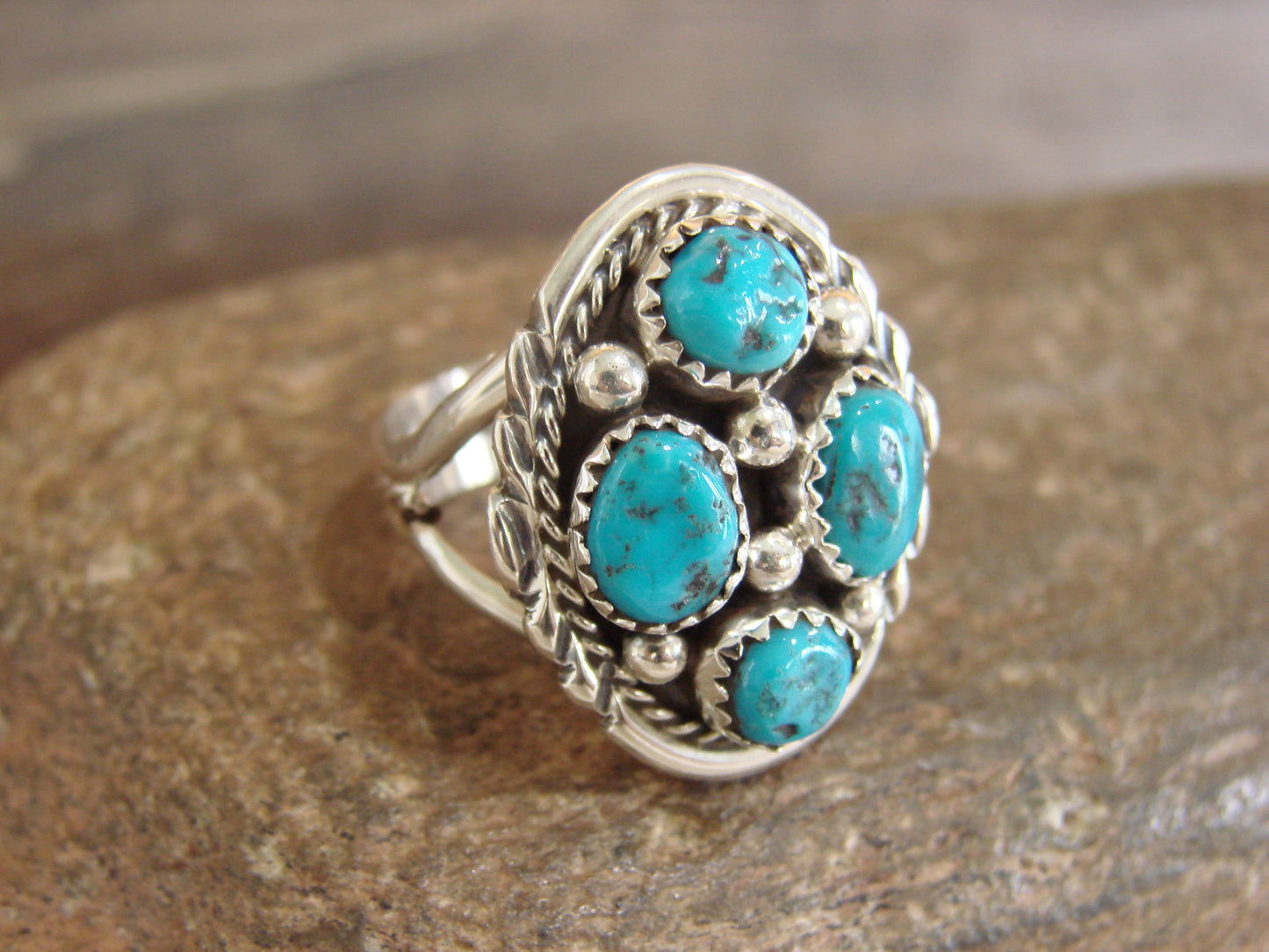 Native American Sterling Silver Turquoise Cluster Ring - Chee - Size 6.5