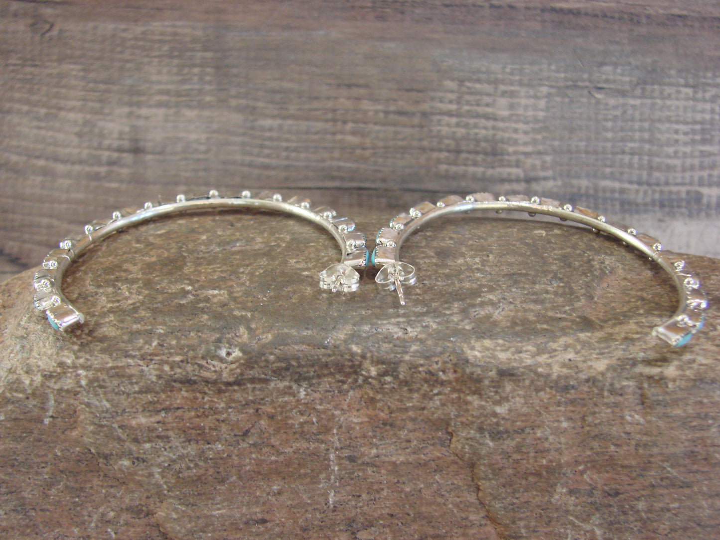 Native American Indian Sterling Silver & Turquoise 2" Hoop Earrings - Hughte