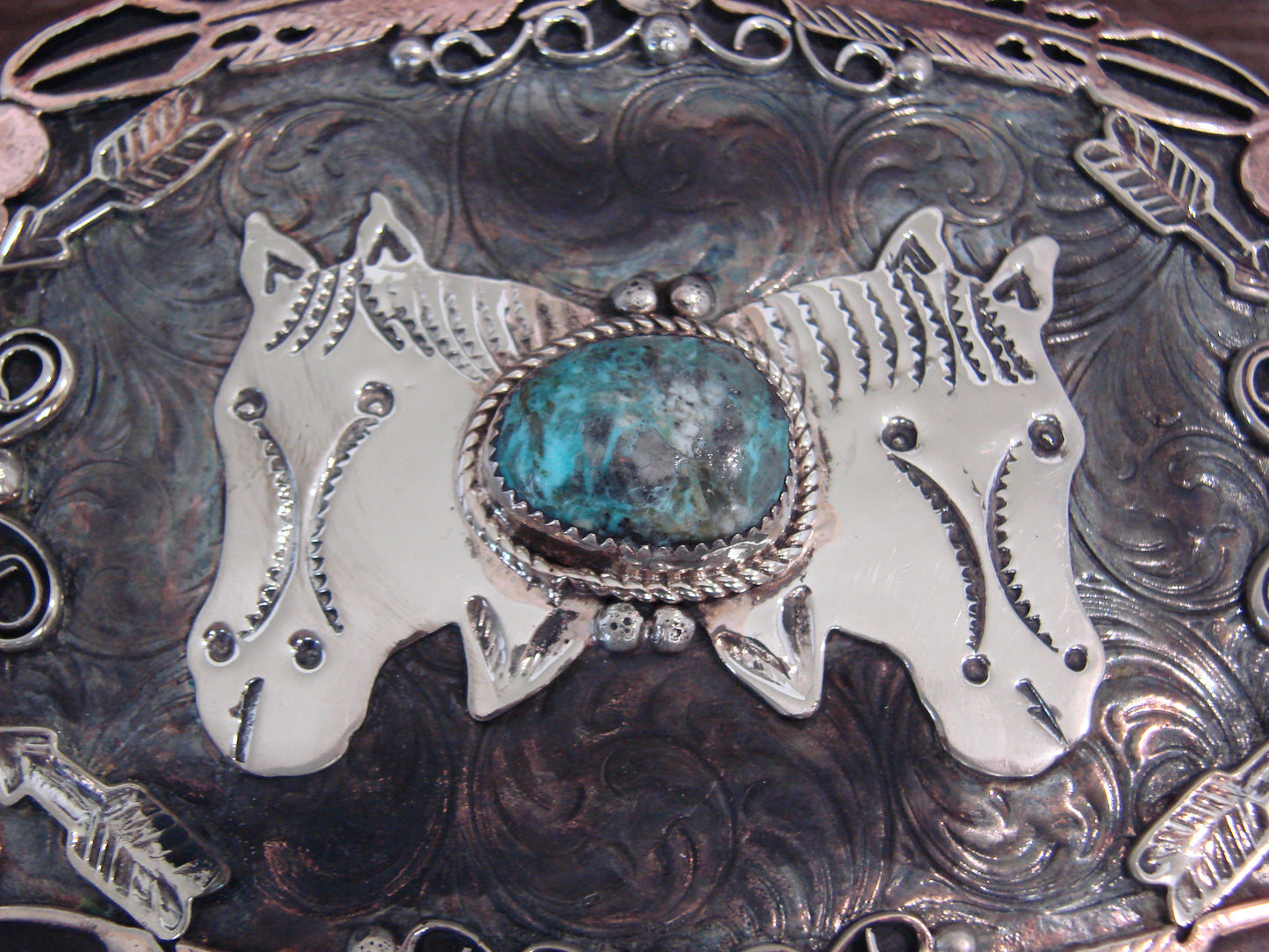 Native American Nickel Silver & Turquoise Horse Belt Buckle - Cleveland