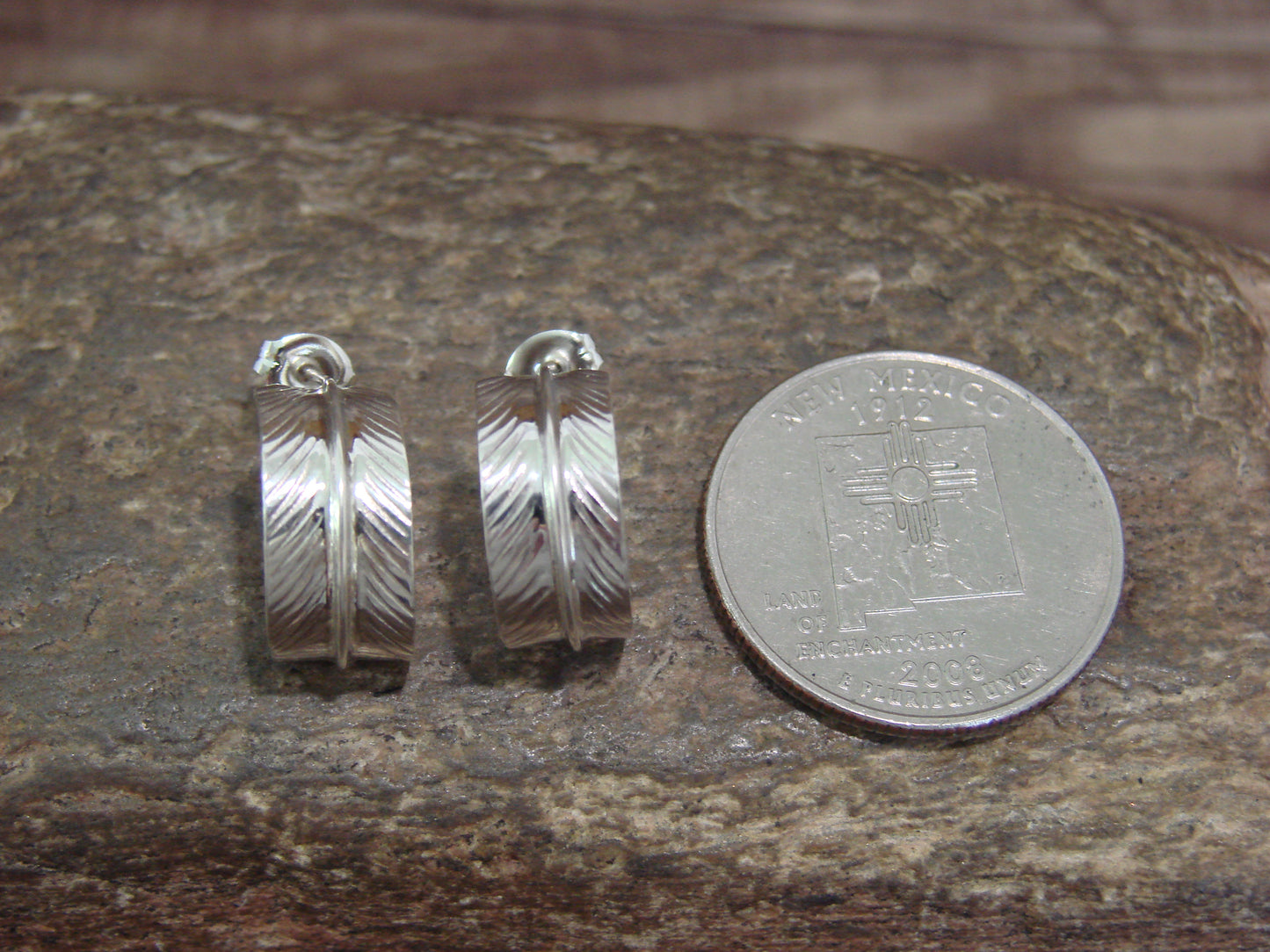 Native American Sterling Silver Feather Hoop Post Earrings Signed Davis
