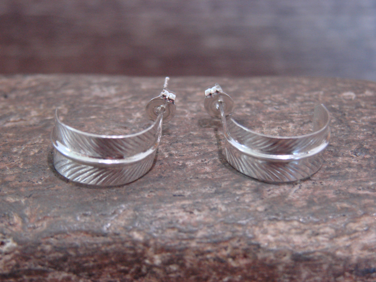 Native American Sterling Silver Feather Hoop Post Earrings Signed Davis