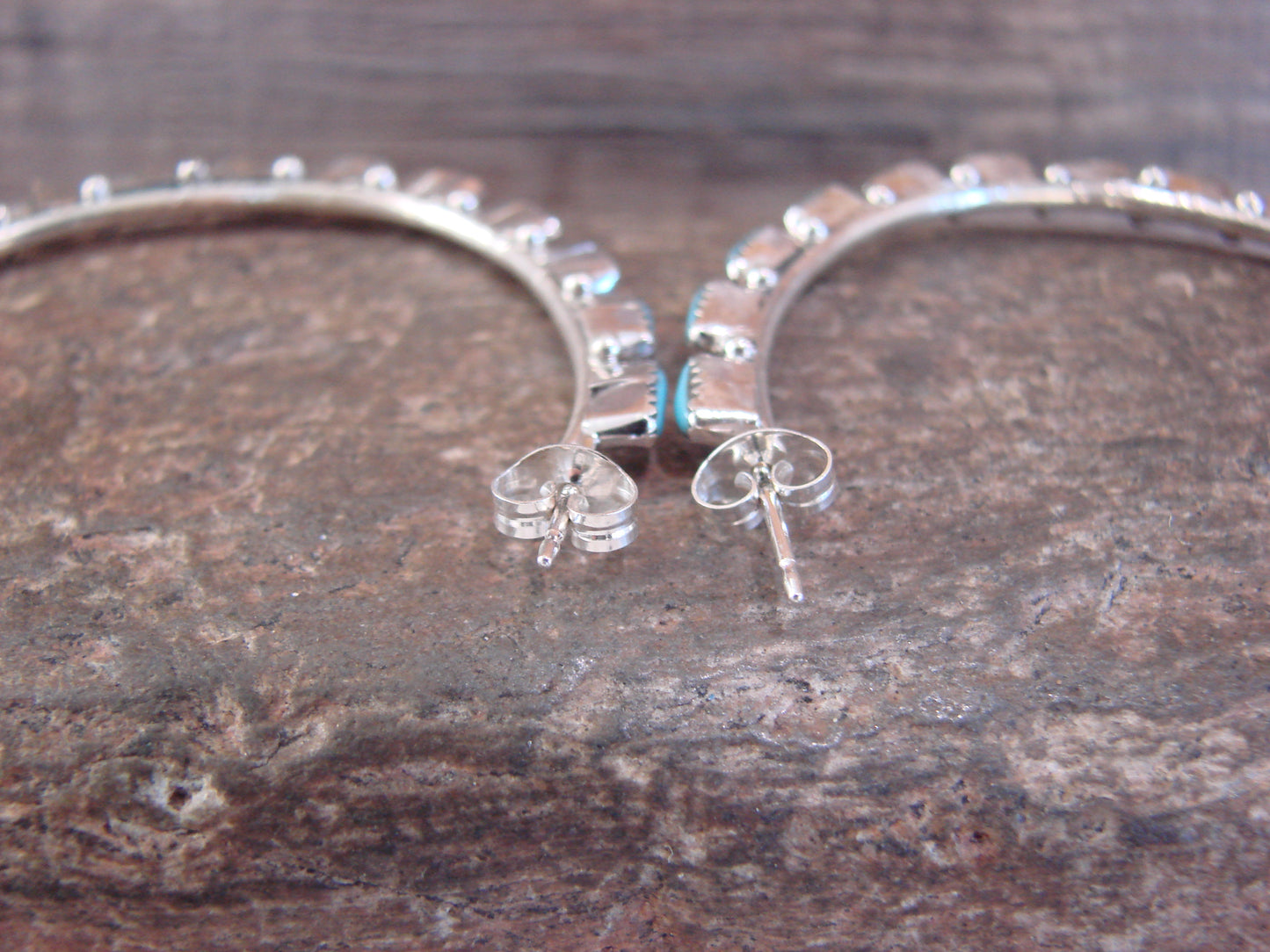 Native American Indian Sterling Silver & Turquoise 2" Hoop Earrings - Hughte