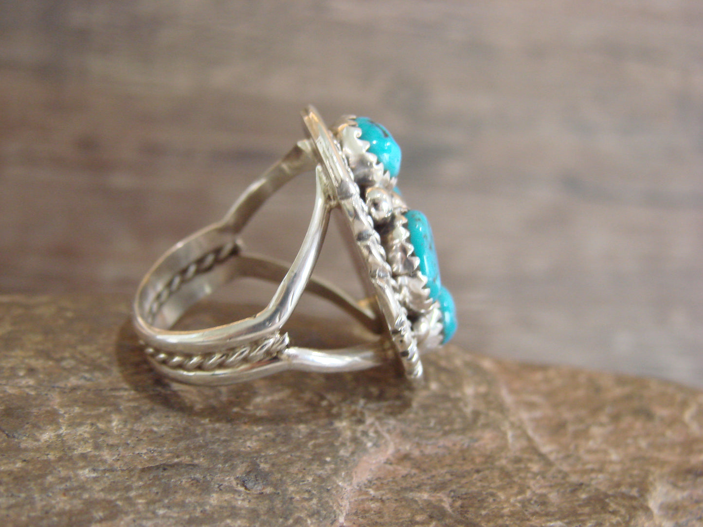 Native American Sterling Silver Turquoise Cluster Ring - Chee - Size 6.5