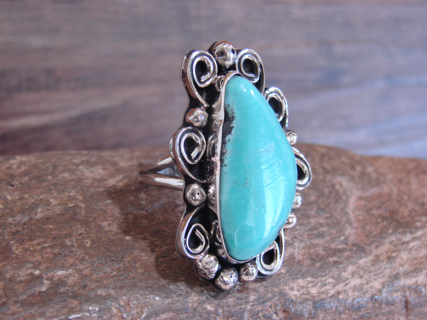 Native American Nickel Silver & Turquoise Ring by Cleveland - Size 10.5