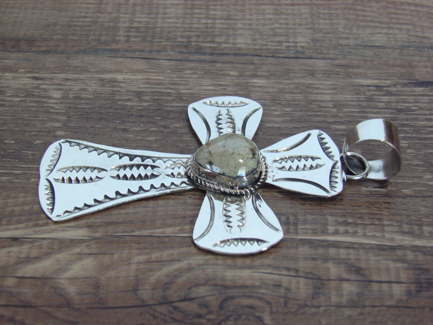 Large Native American Nickel Silver & Turquoise Cross Pendant - Cleveland