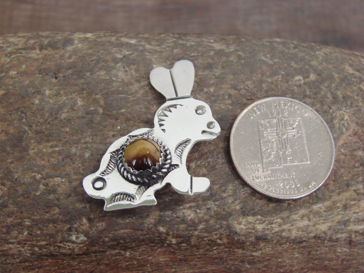 Native American Nickel Silver & Tiger Eye Rabbit Pin - Cleveland