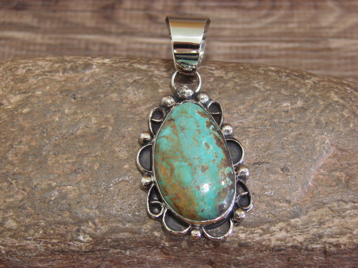 Native American Navajo Nickel Silver & Turquoise Pendant - Cleveland