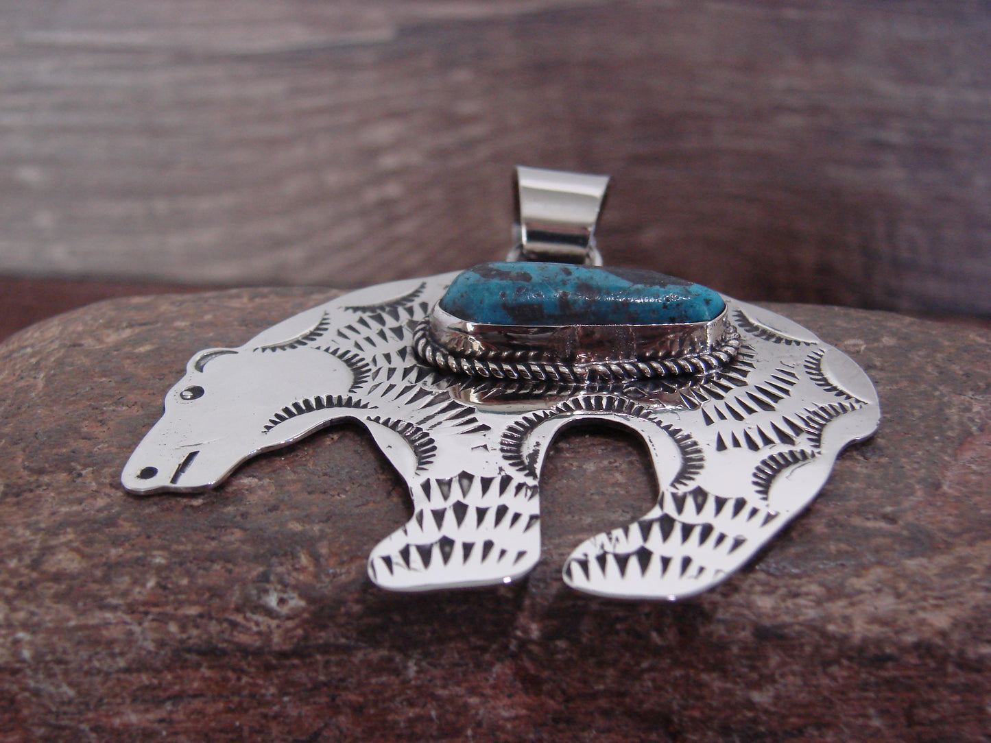 Native American Nickel Silver & Turquoise Bear Pendant - Cleveland