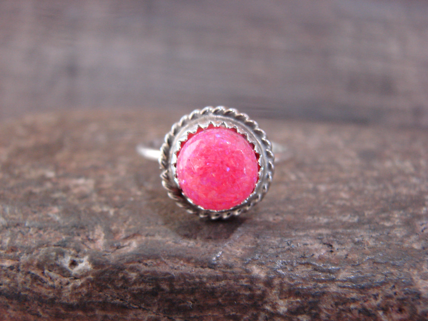 Native American Sterling Silver & Pink Opal Ring by White - Size 6