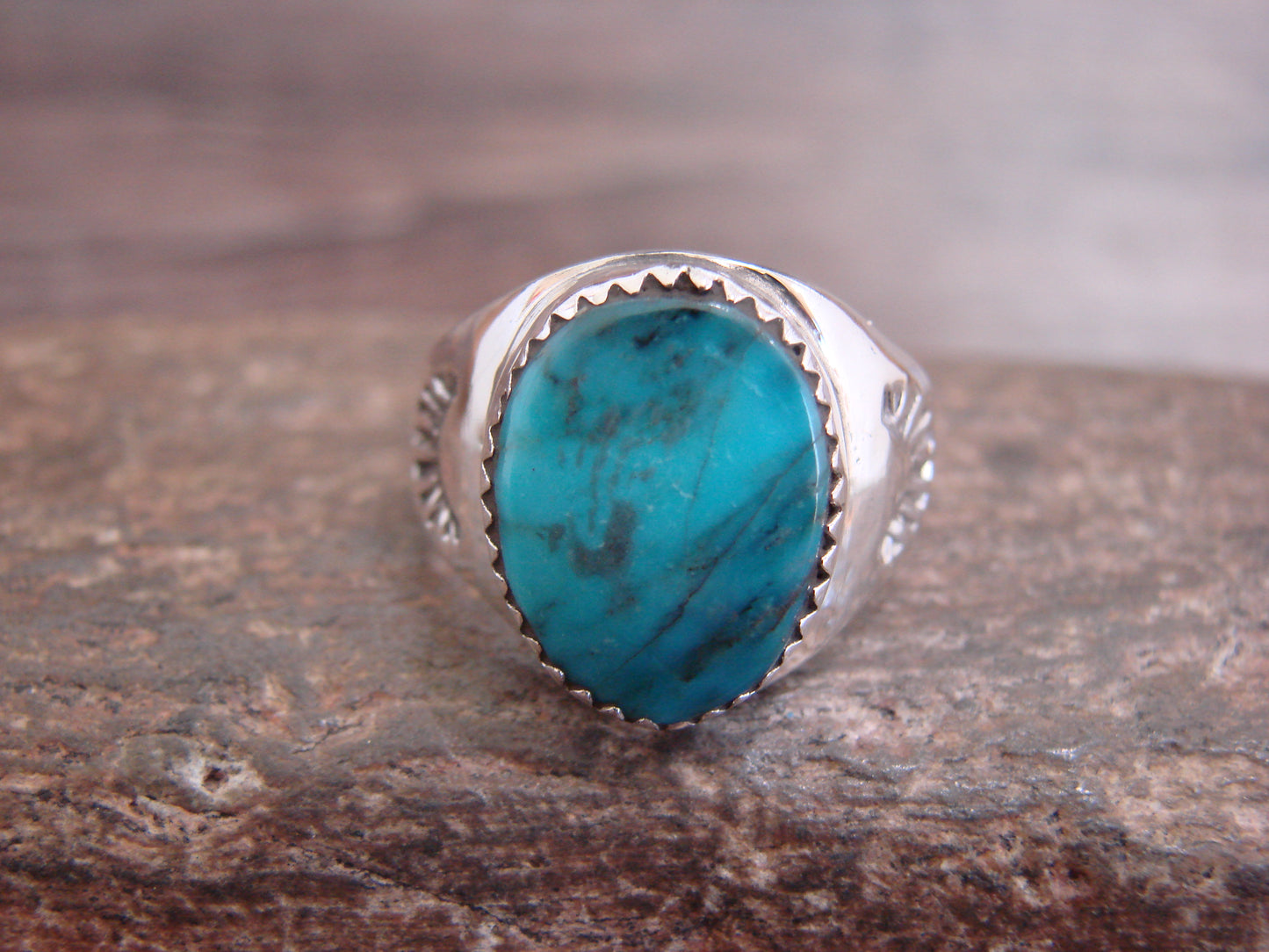 Native American Sterling Silver & Turquoise Ring by Bekis - Size 8.5