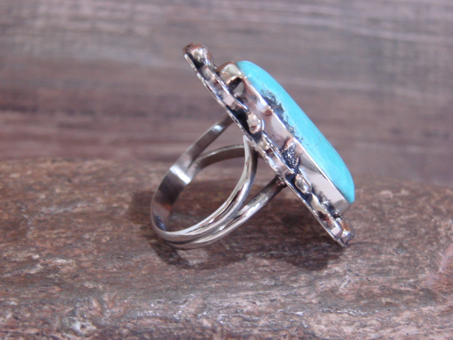 Native American Nickel Silver & Turquoise Ring by Cleveland - Size 10.5