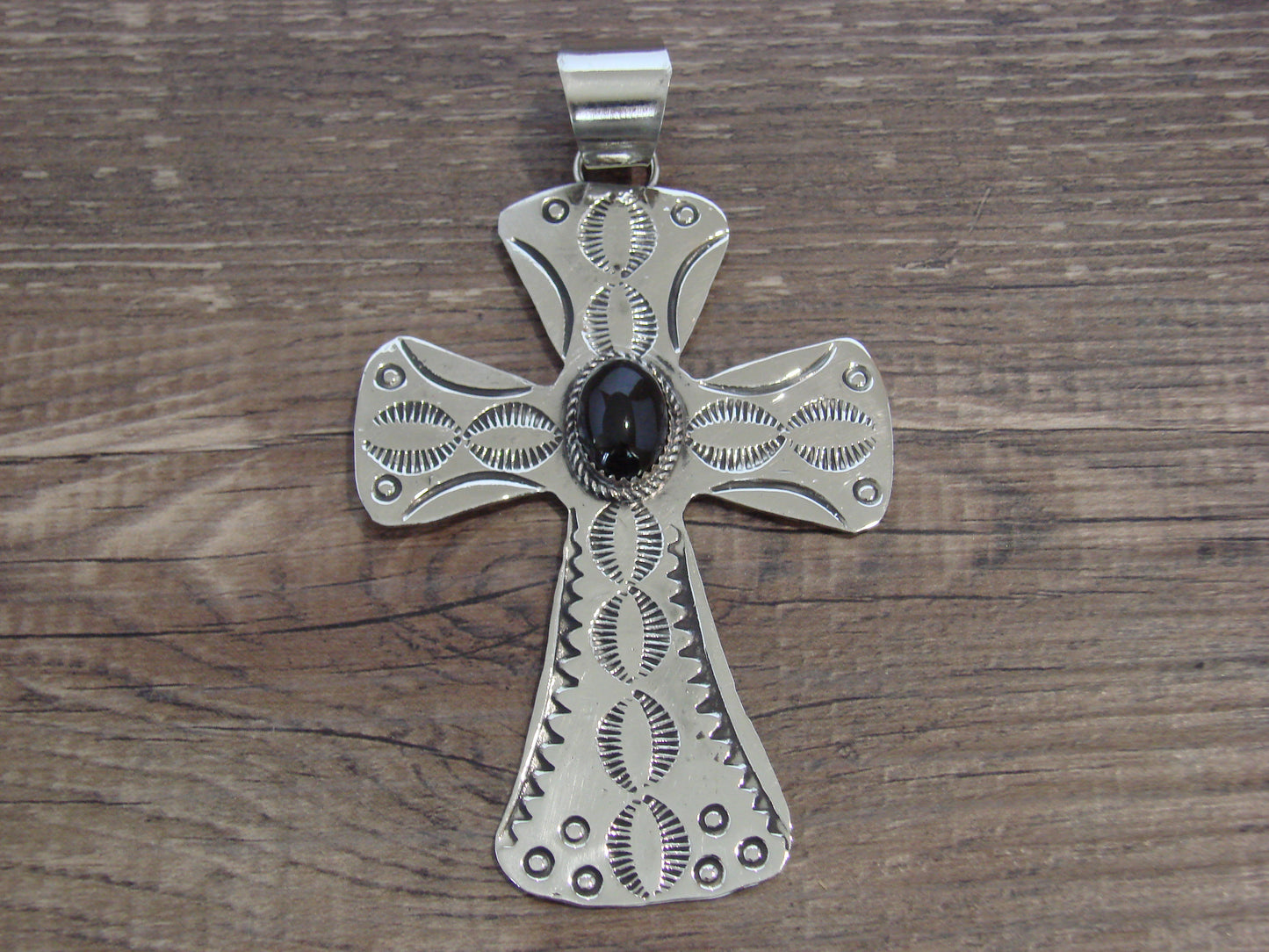 Large Native American Nickel Silver & Onyx Cross Pendant - Cleveland