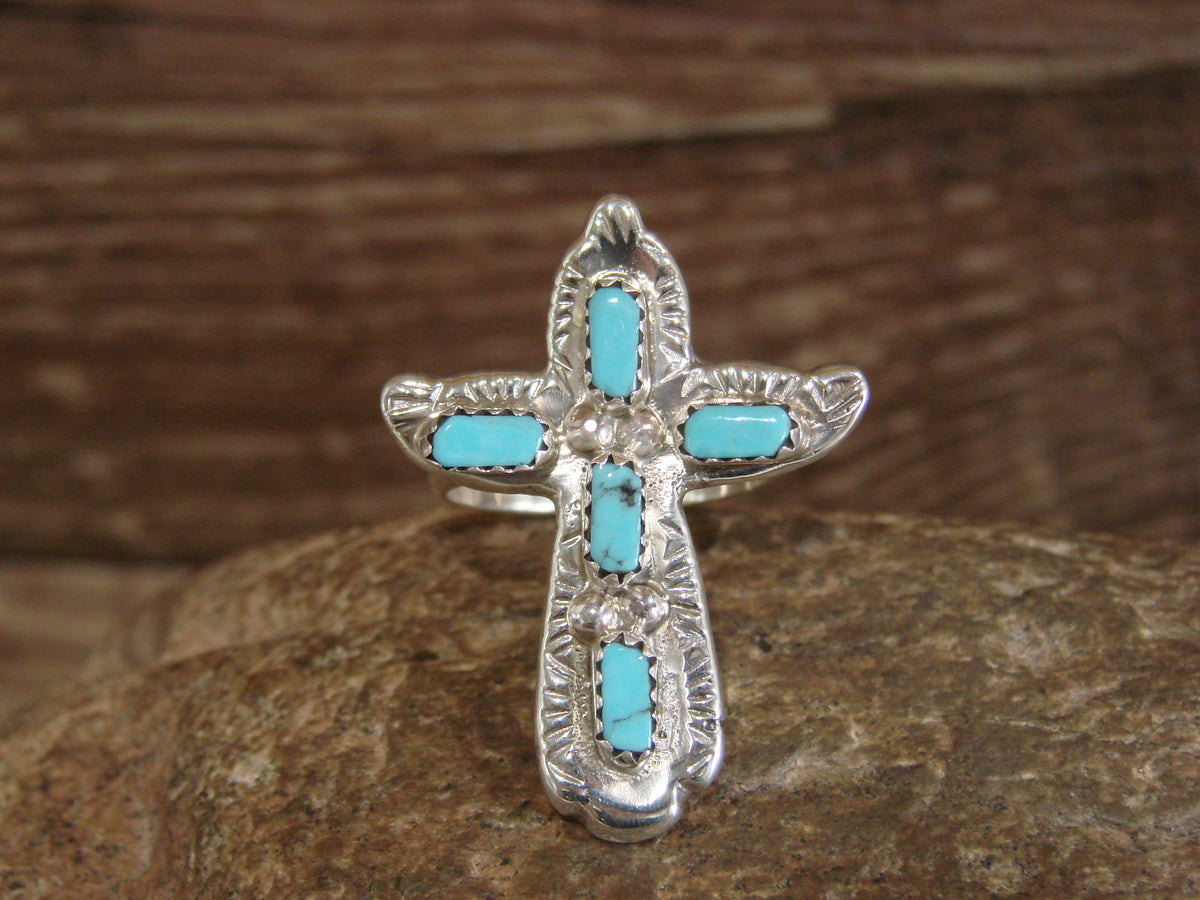 Native American Sterling Silver Turquoise Cross Ring - Size 9 - Iule