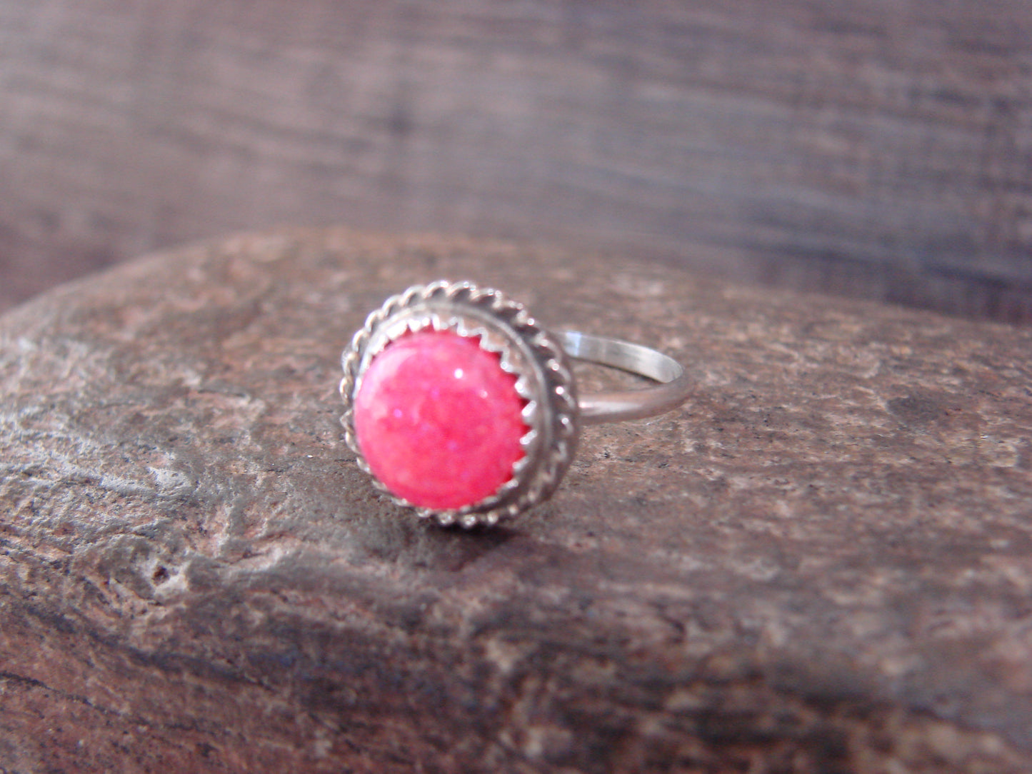 Native American Sterling Silver & Pink Opal Ring by White - Size 6