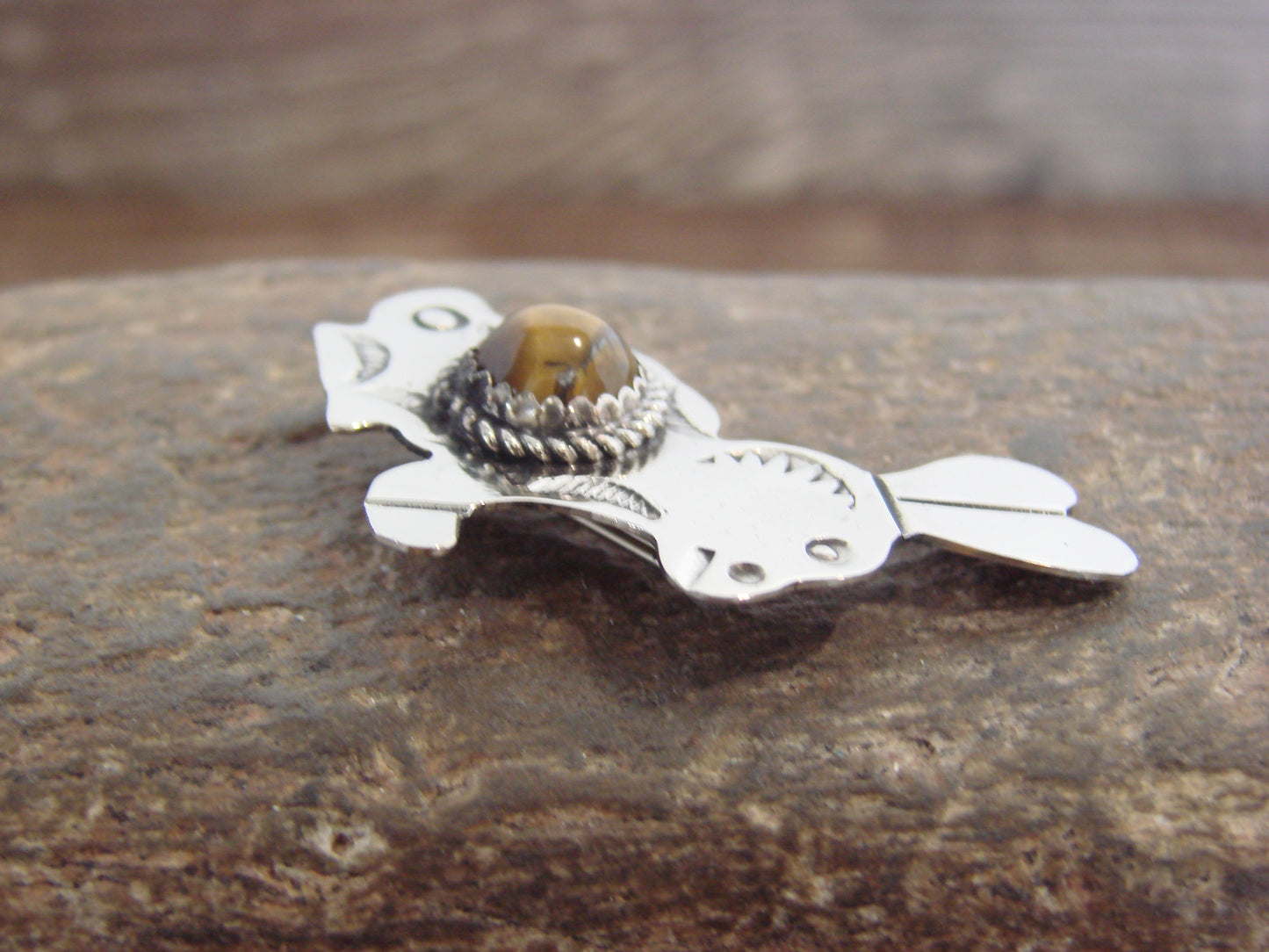 Native American Nickel Silver & Tiger Eye Rabbit Pin - Cleveland