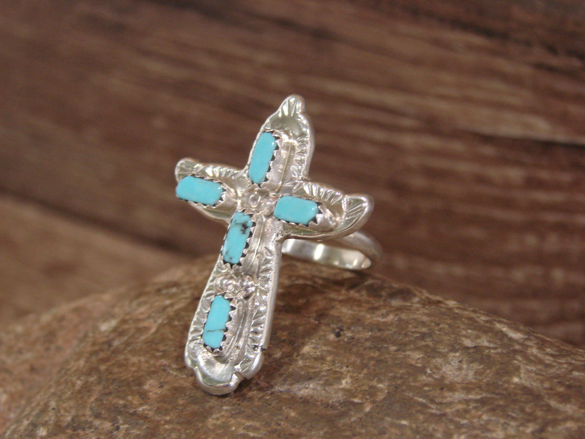 Native American Sterling Silver Turquoise Cross Ring - Size 9 - Iule