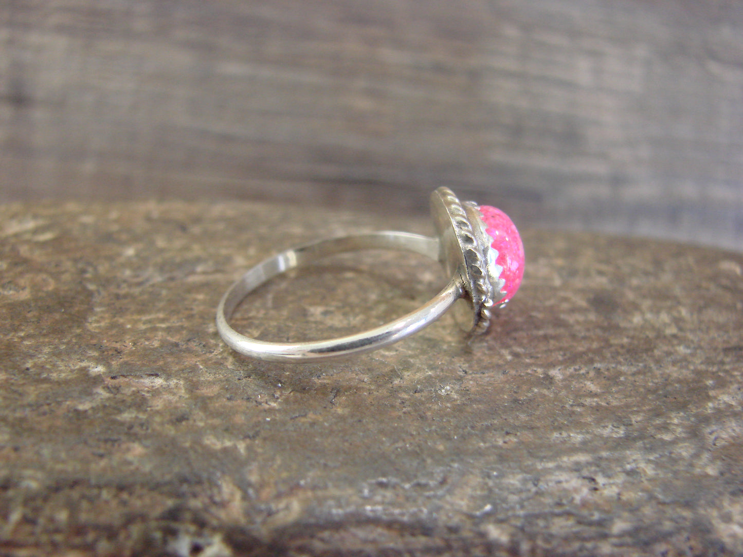 Native American Sterling Silver & Pink Opal Ring by White - Size 6
