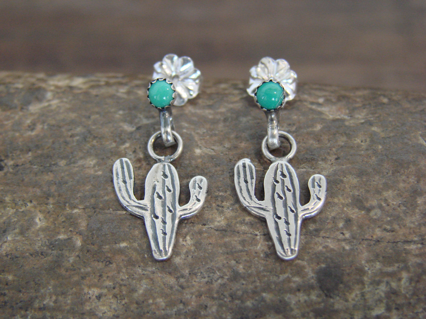 Native American Sterling Silver Turquoise Cactus Post Dangle Earrings - Yazzie