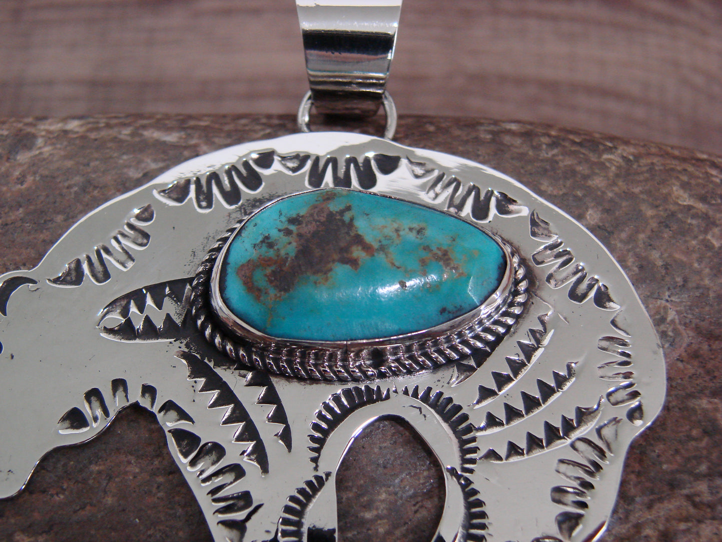 Native American Nickel Silver & Turquoise Bear Pendant - Cleveland