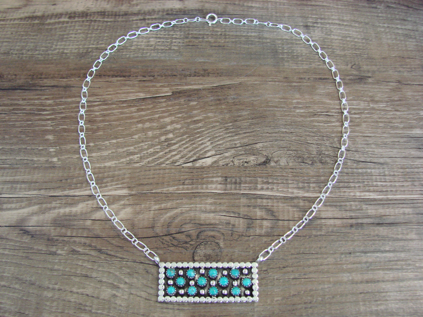 Native American 18" Sterling Silver & Turquoise Cluster Link Necklace by Lonjose