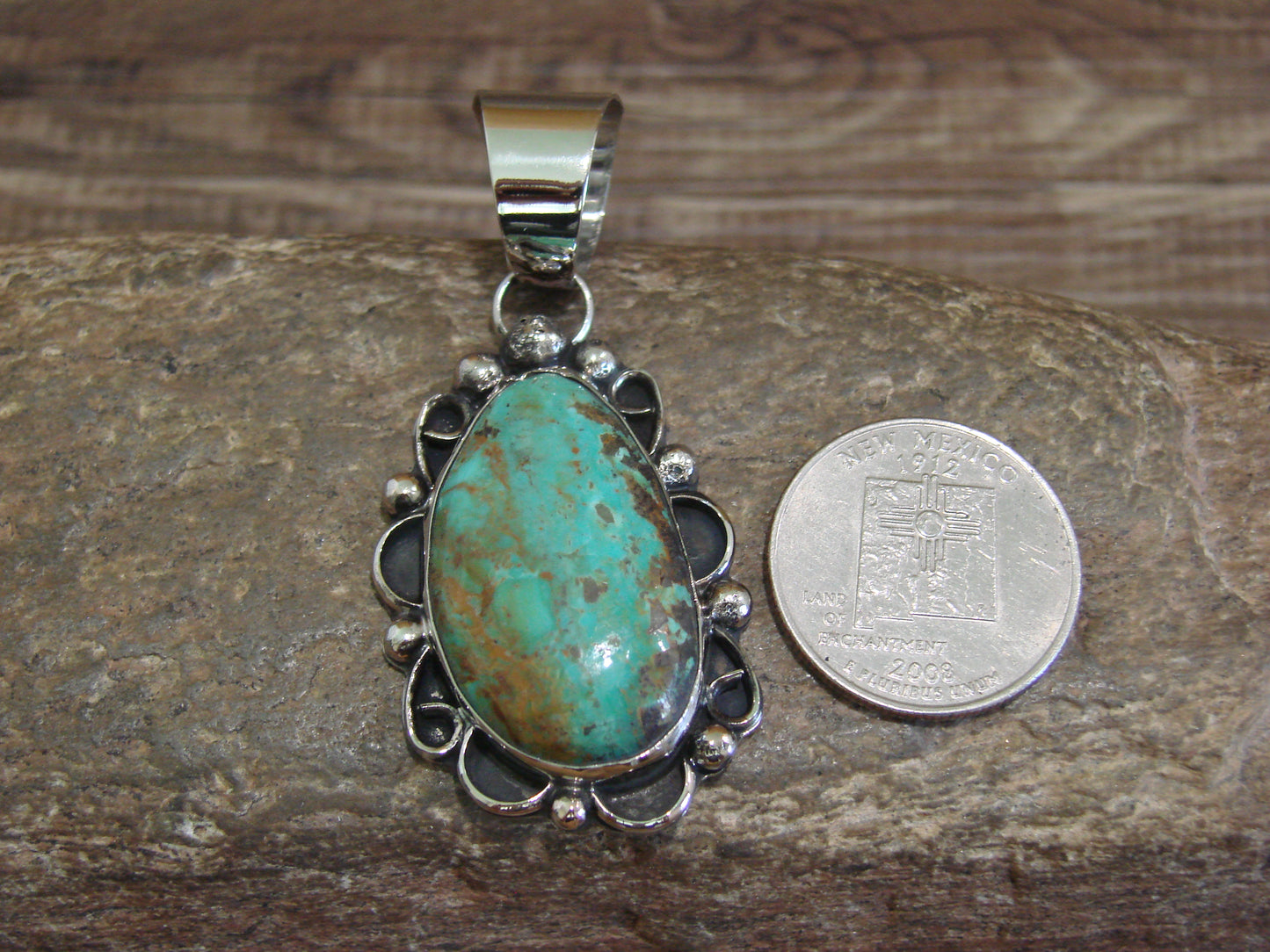 Native American Navajo Nickel Silver & Turquoise Pendant - Cleveland