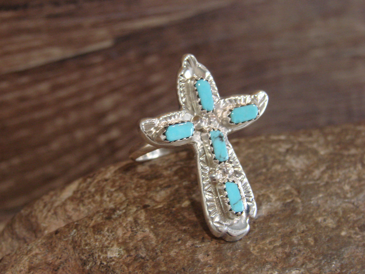 Native American Sterling Silver Turquoise Cross Ring - Size 9 - Iule
