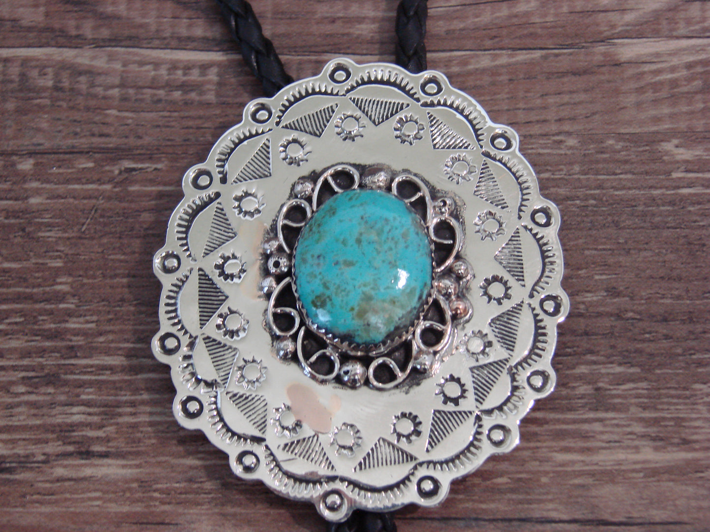 Native American Nickel Silver & Turquoise Bolo Tie - Cleveland