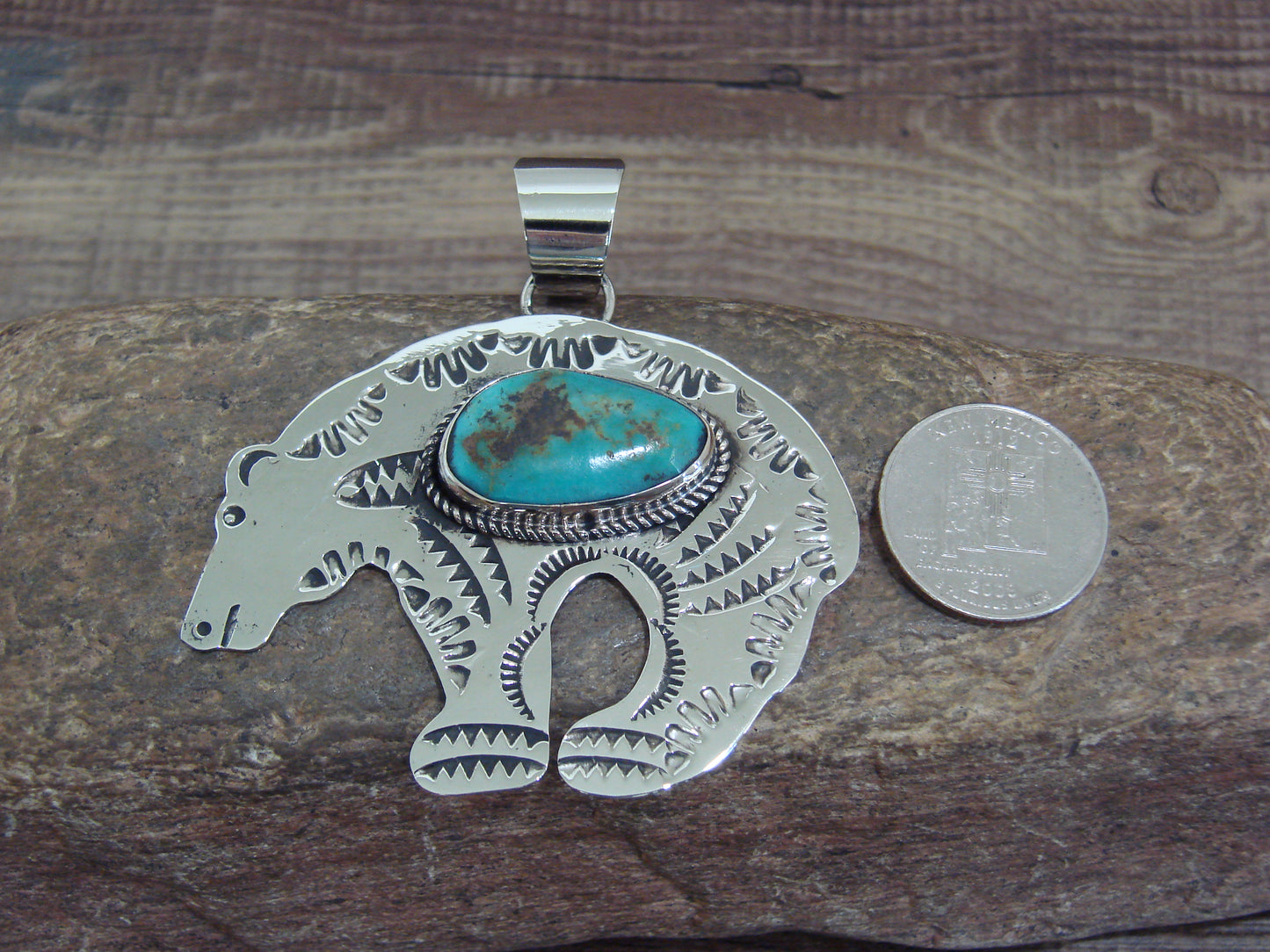 Native American Nickel Silver & Turquoise Bear Pendant - Cleveland