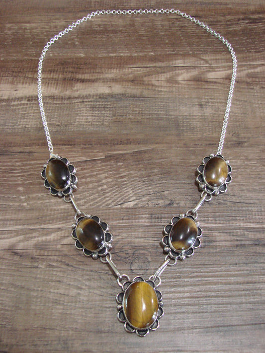 Navajo Indian Nickel Silver & Tiger Eye Link Necklace Signed Cleveland