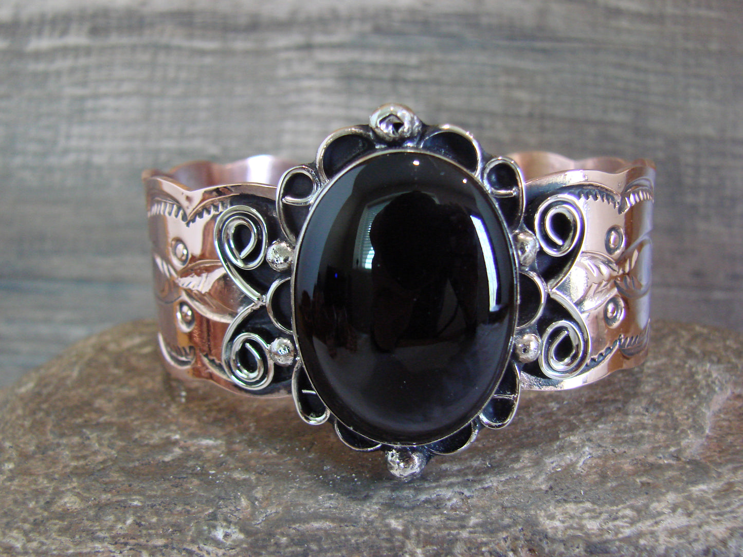 Navajo Indian Copper & Onyx Bracelet by Cleveland