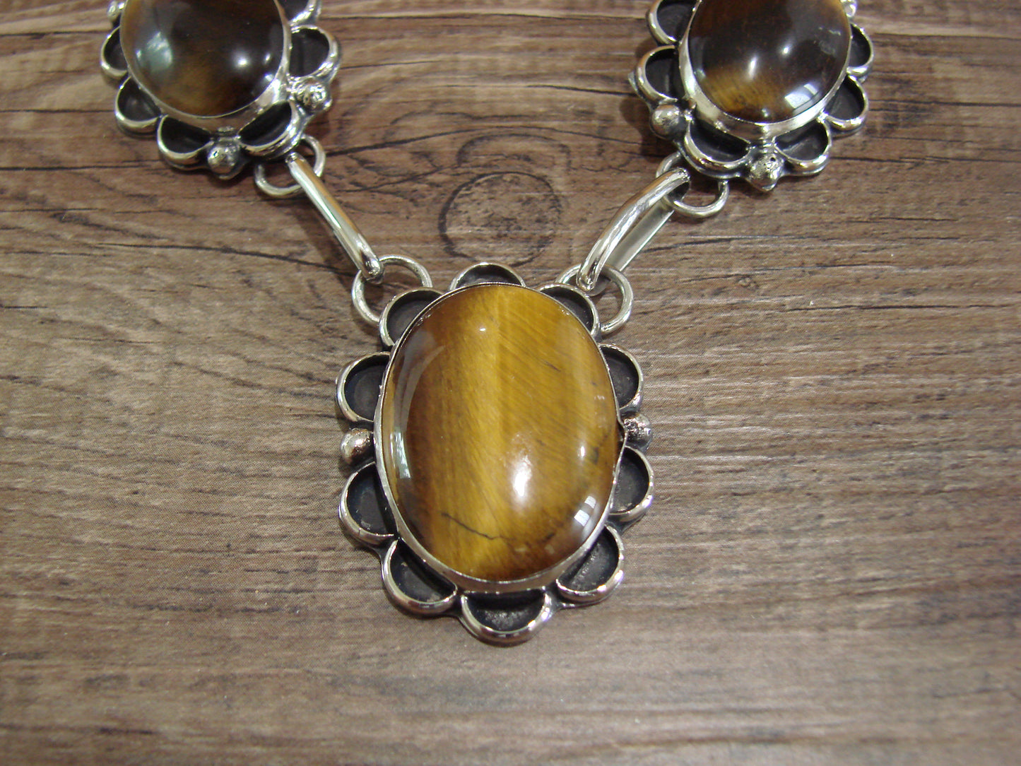 Navajo Indian Nickel Silver & Tiger Eye Link Necklace Signed Cleveland