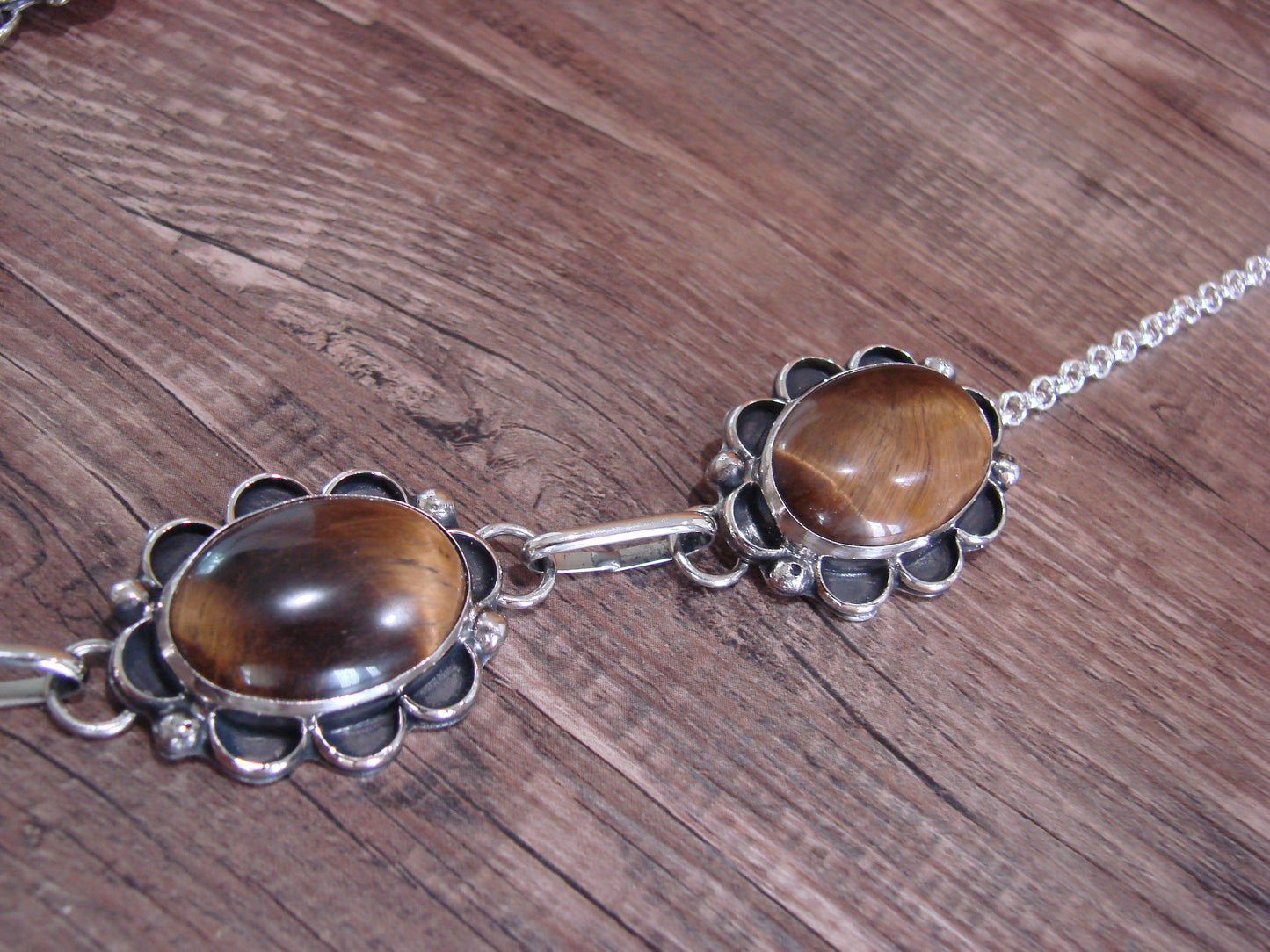 Navajo Indian Nickel Silver & Tiger Eye Link Necklace Signed Cleveland