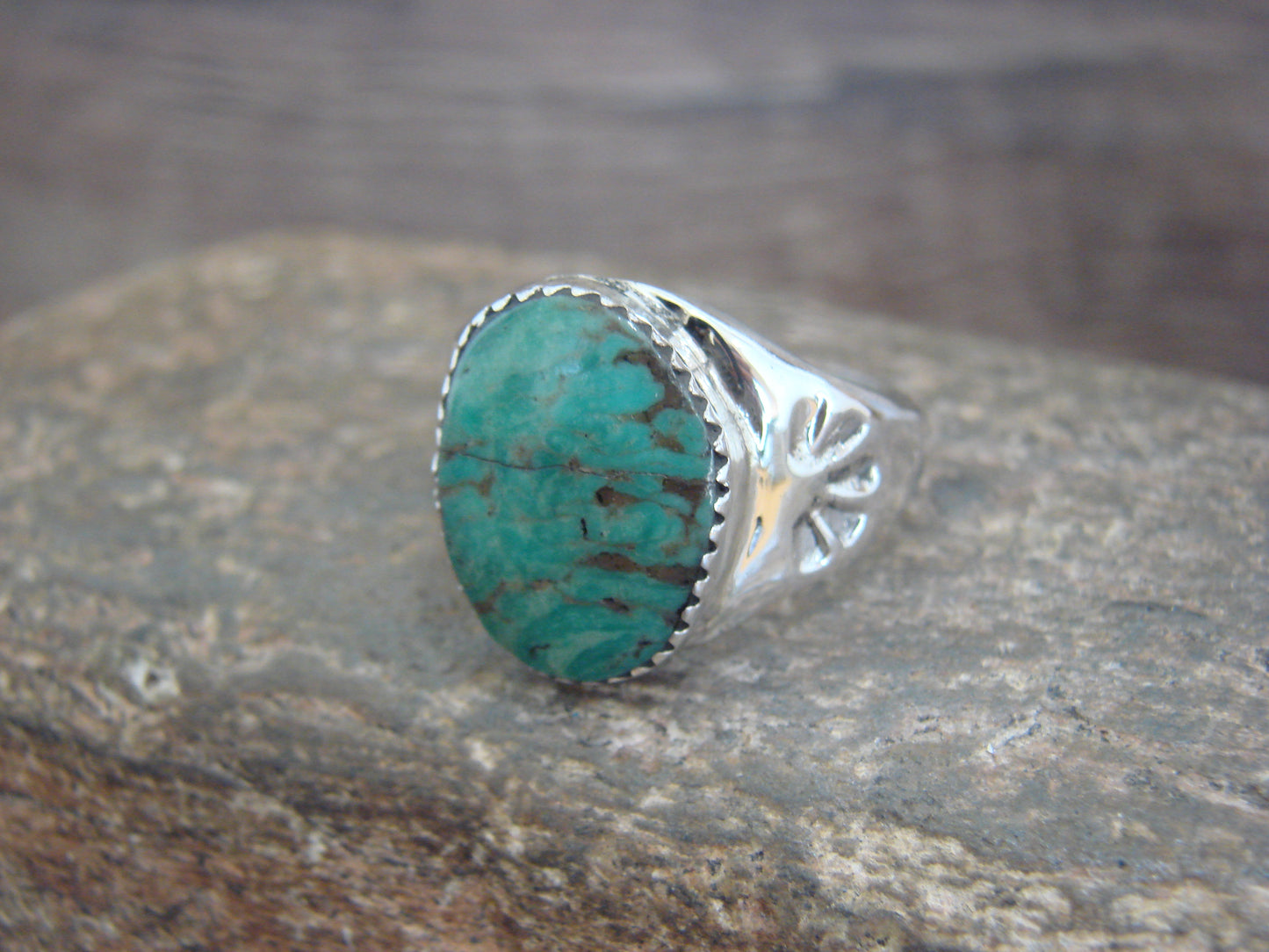 Native American Sterling Silver & Turquoise Ring by Bekis - Size 10.5